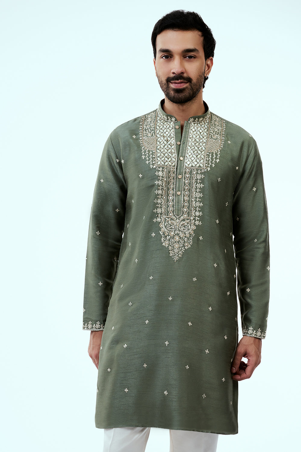 Sea Green Raw Silk Mens Kurta Set with Zari and Mirror Work