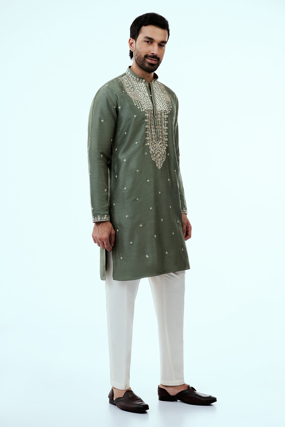 Sea Green Raw Silk Mens Kurta Set with Zari and Mirror Work