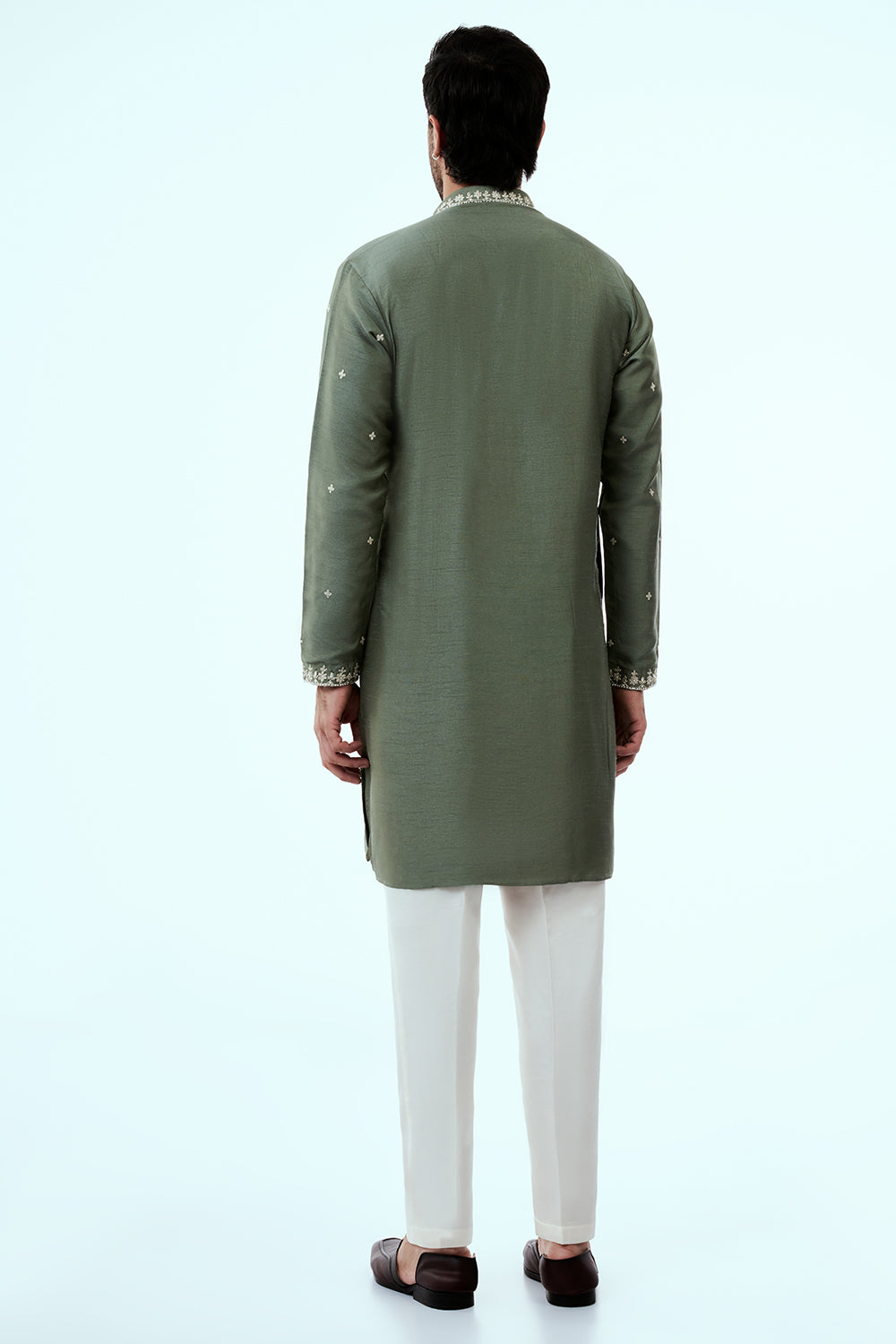 Sea Green Raw Silk Mens Kurta Set with Zari and Mirror Work