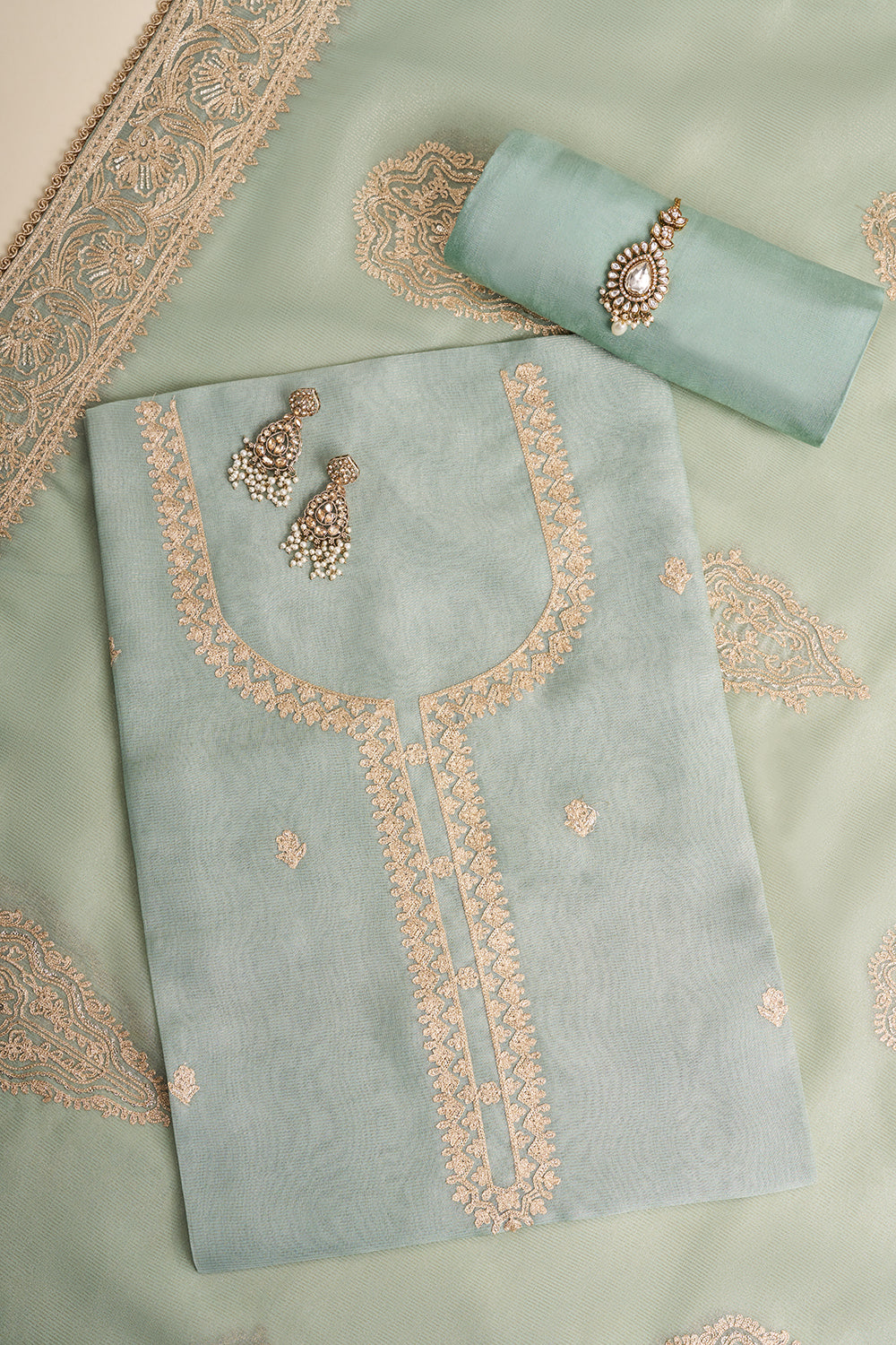 Sea Green Resham Embroidered Unstitched Suit Set
