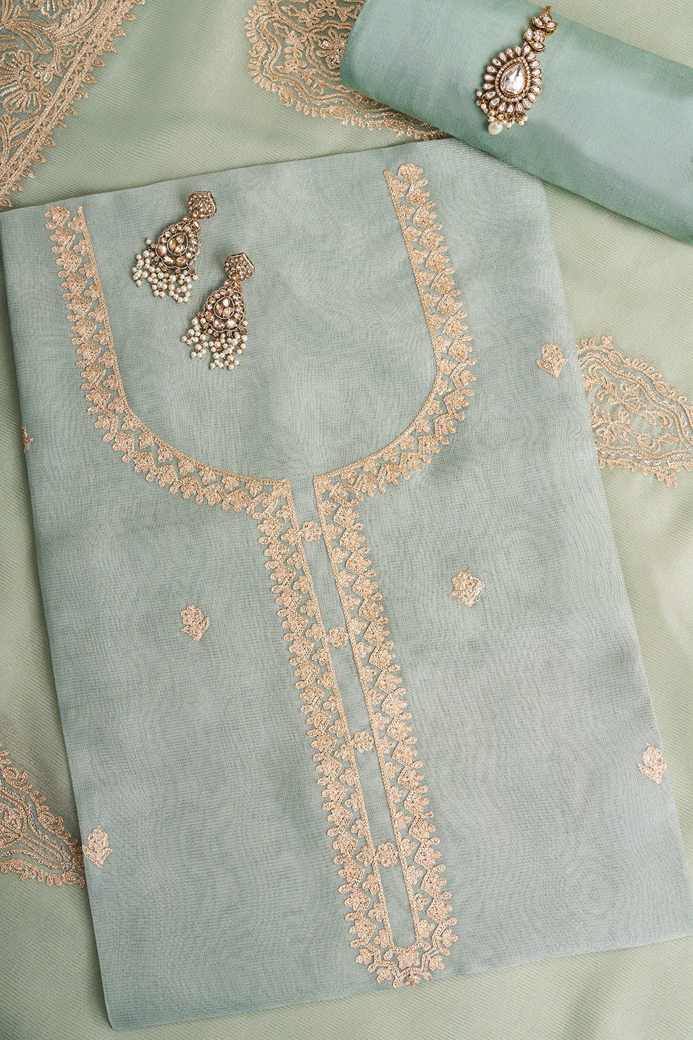 Sea Green Resham Embroidered Unstitched Suit Set