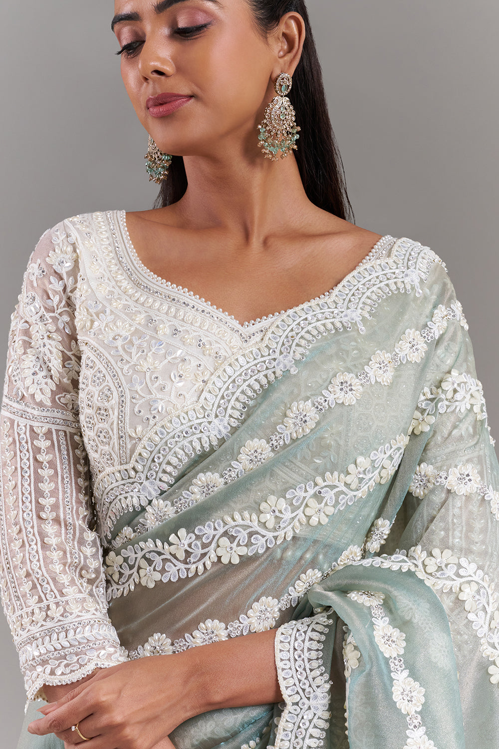 Sea Green Shimmer Aari Embroidered Saree with Stitched Blouse