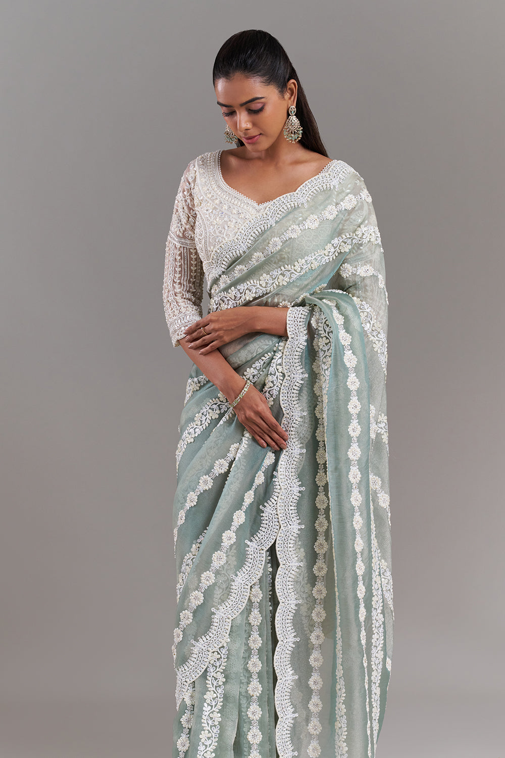 Sea Green Shimmer Aari Embroidered Saree with Stitched Blouse
