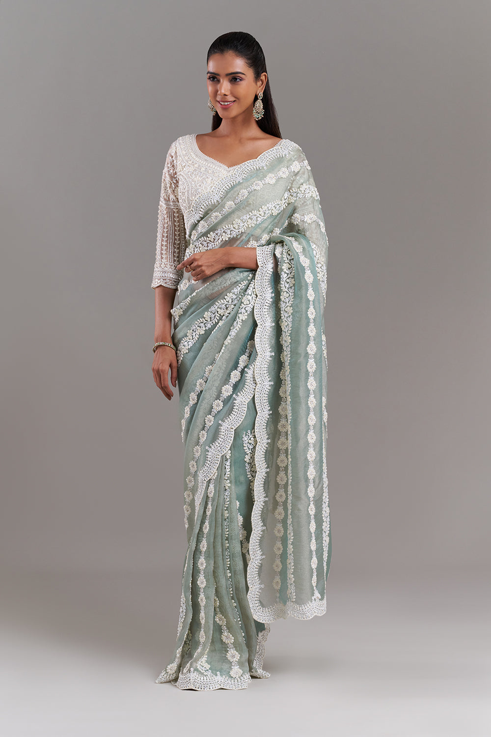 Sea Green Shimmer Aari Embroidered Saree with Stitched Blouse