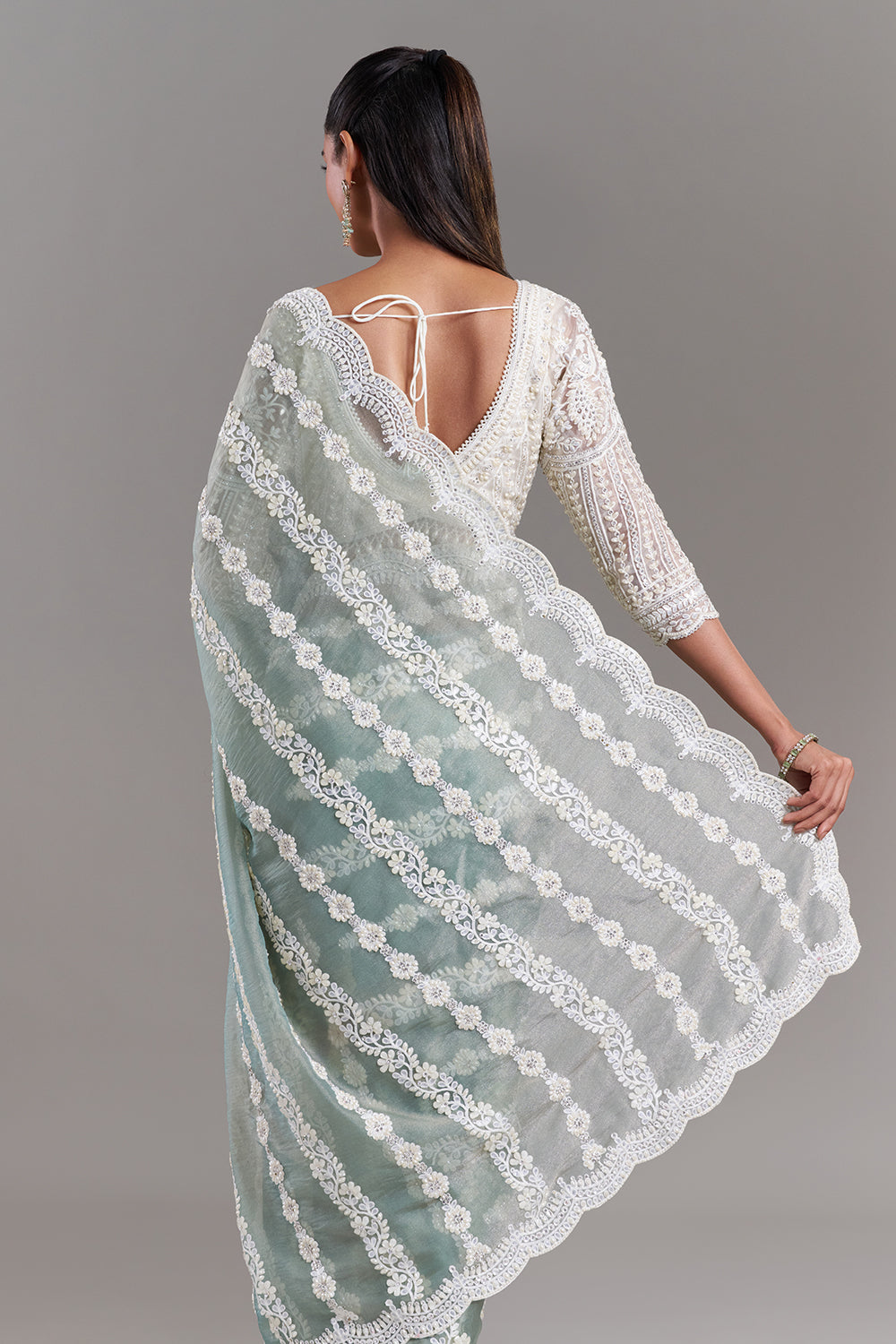 Sea Green Shimmer Aari Embroidered Saree with Stitched Blouse