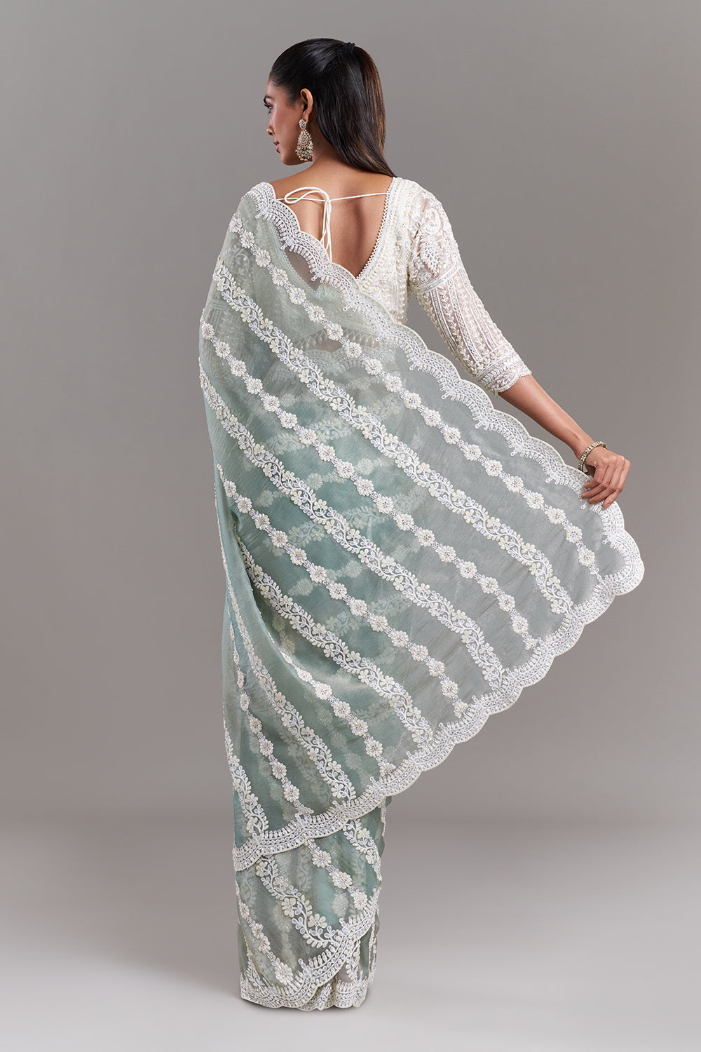 Sea Green Shimmer Aari Embroidered Saree with Stitched Blouse