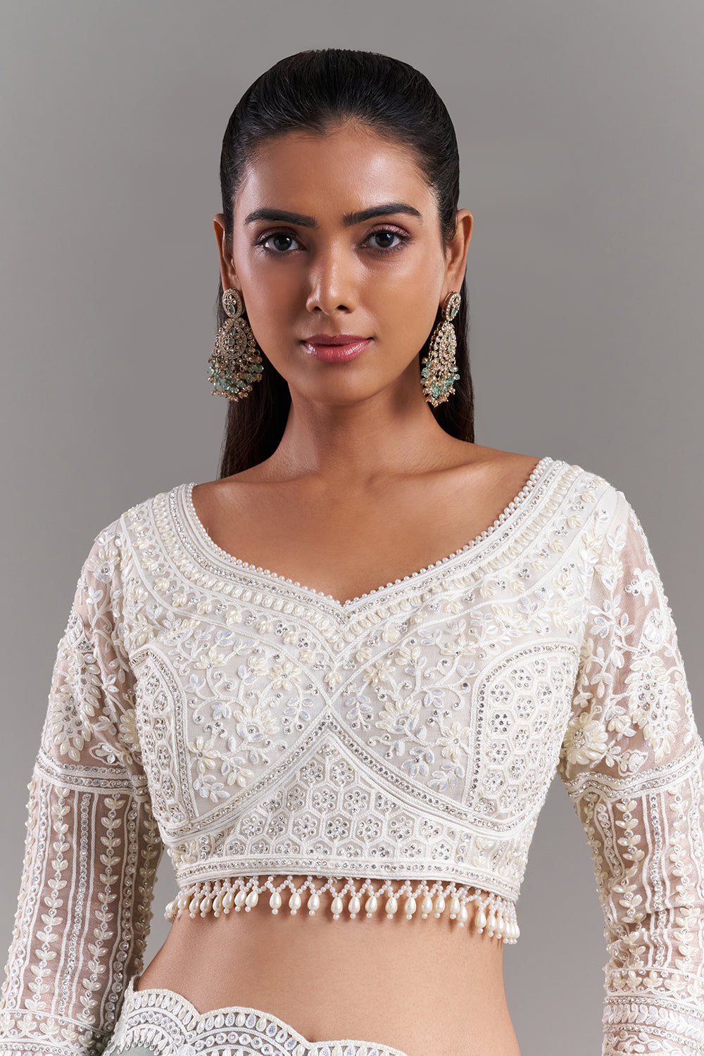 Sea Green Shimmer Aari Embroidered Saree with Stitched Blouse