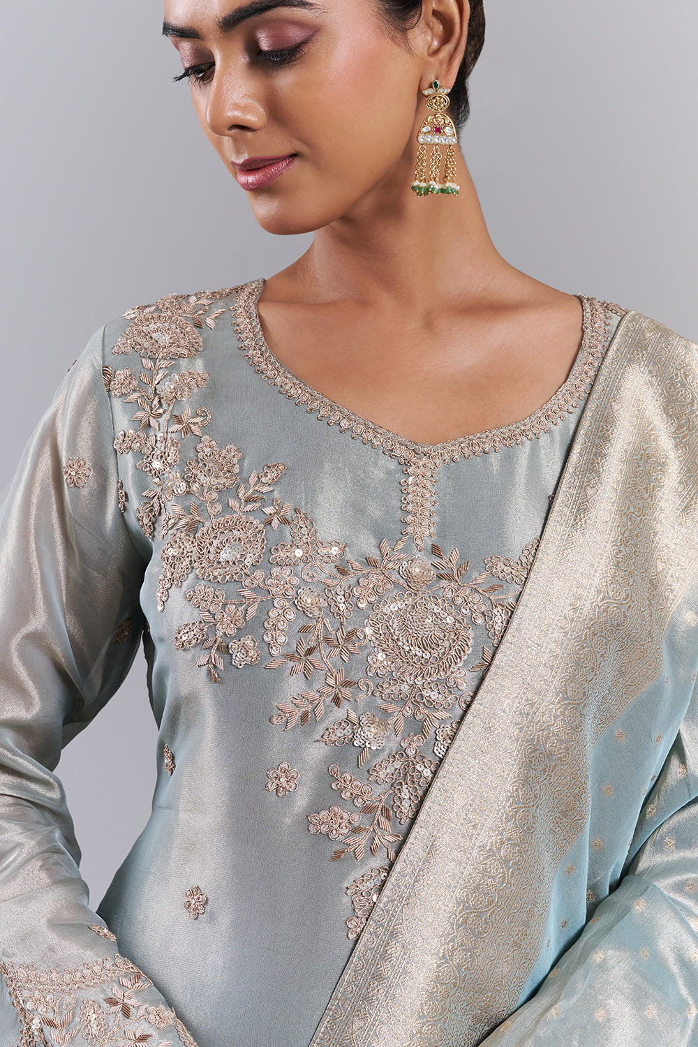 Dusty Blue Silk Blend Kurta Palazzo Set