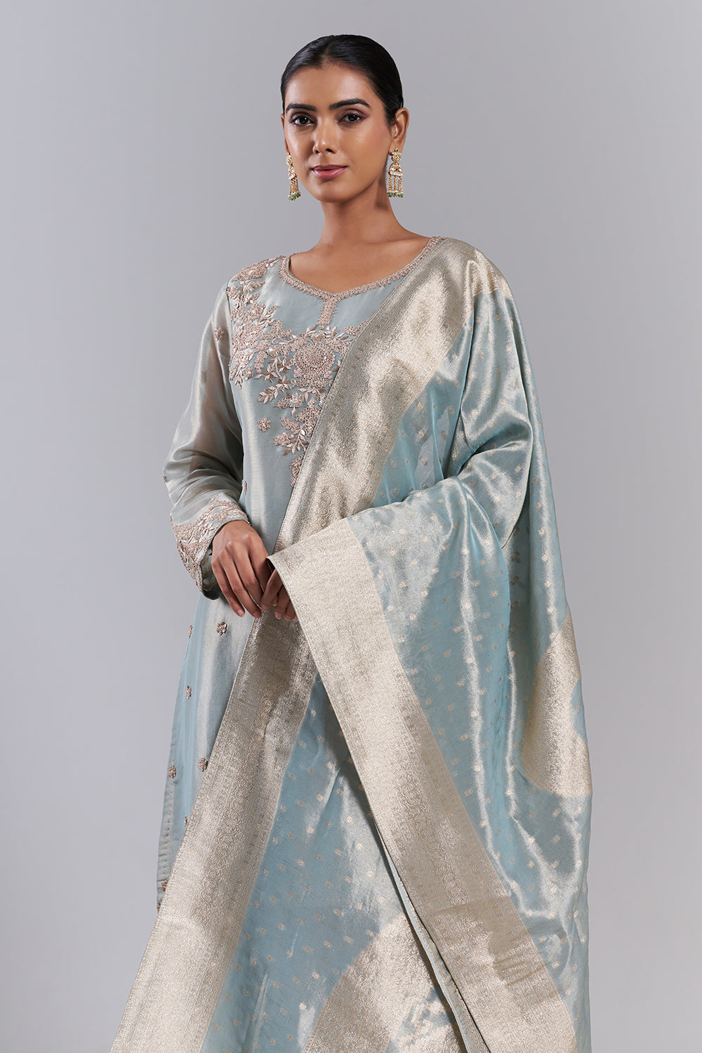 Dusty Blue Silk Blend Kurta Palazzo Set