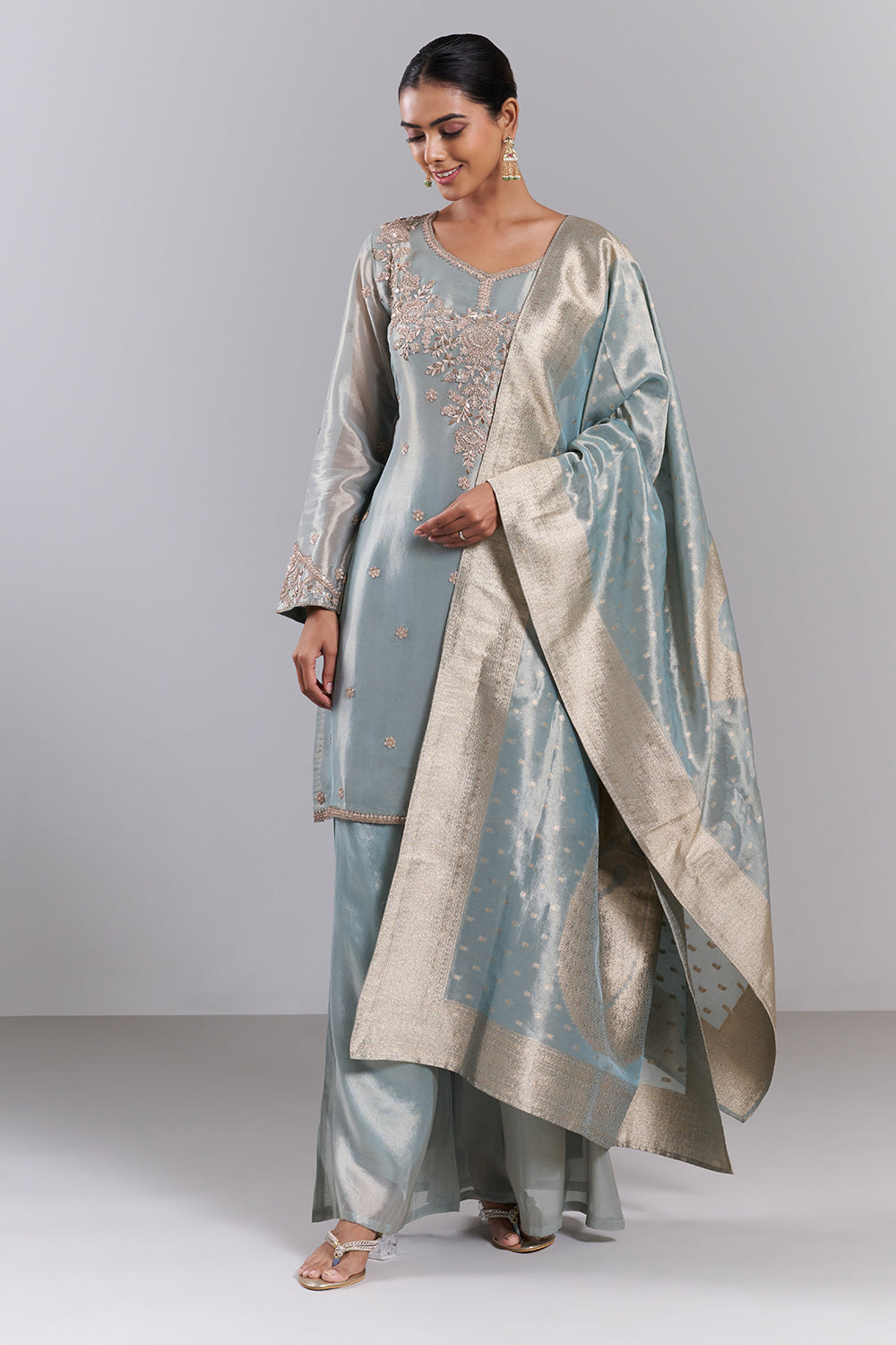 Dusty Blue Silk Blend Kurta Palazzo Set