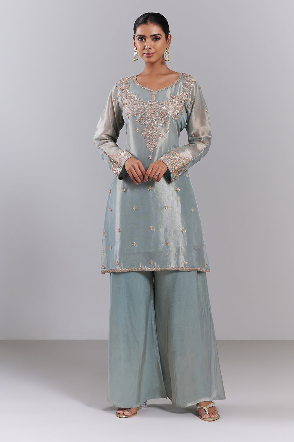 Dusty Blue Silk Blend Kurta Palazzo Set