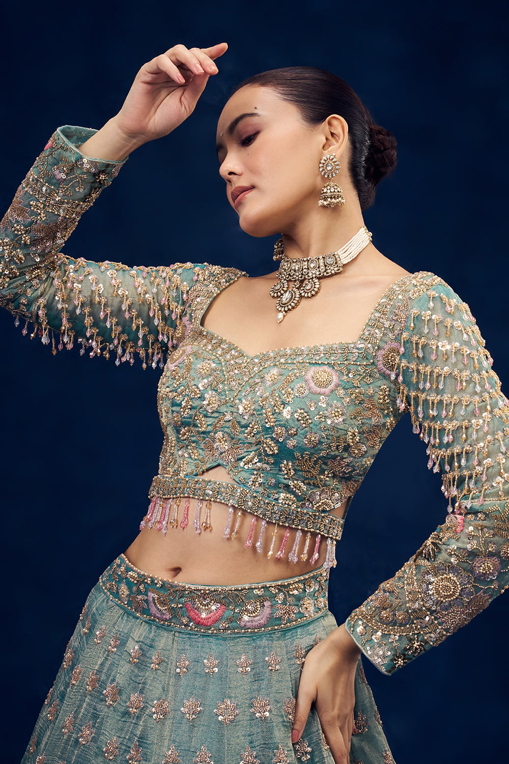 Sea Green Tissue Lehenga with Resham and Cutdana Hand Work