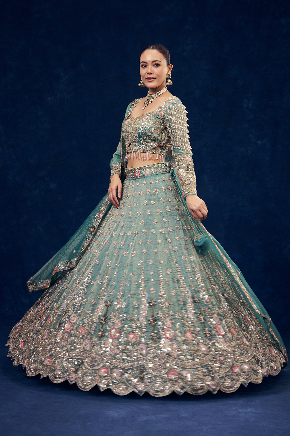Sea Green Tissue Lehenga with Resham and Cutdana Hand Work