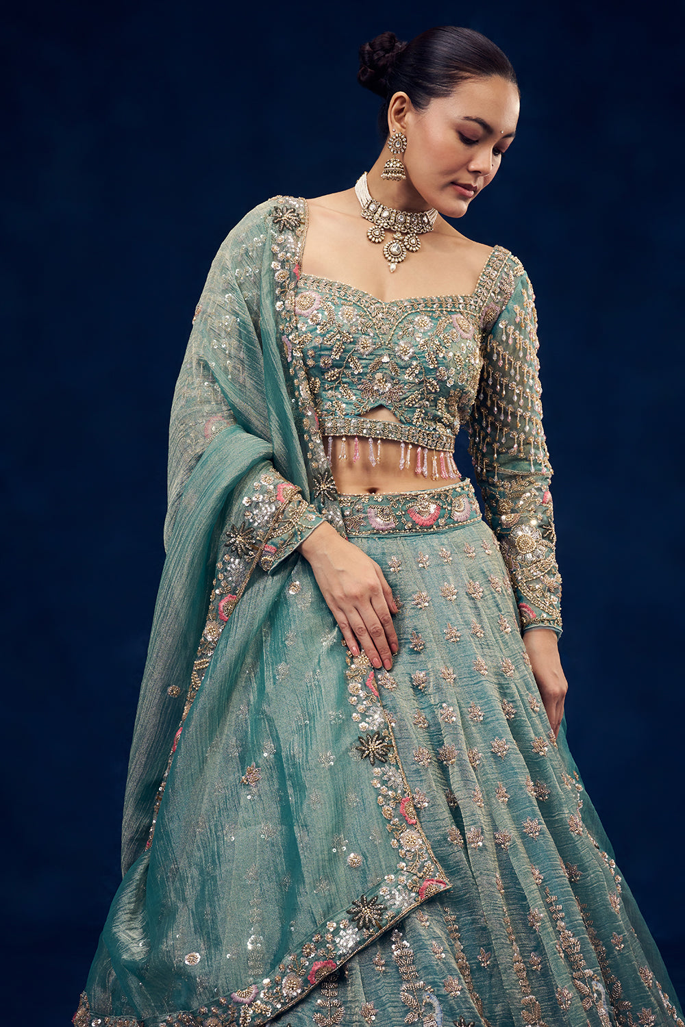 Sea Green Tissue Lehenga with Resham and Cutdana Hand Work