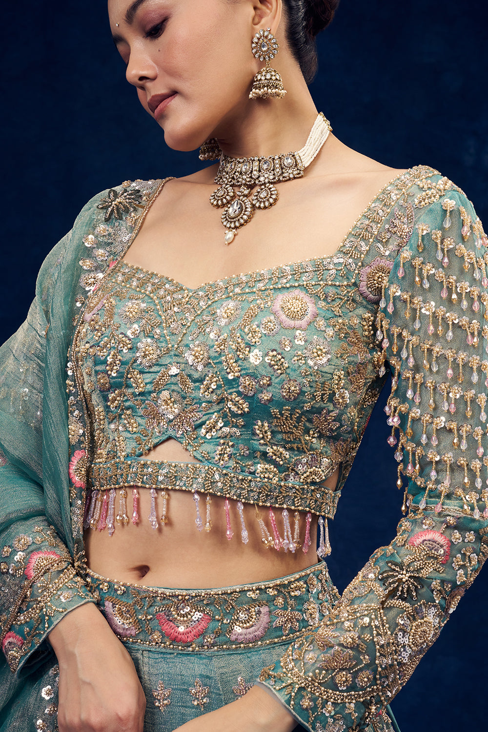 Sea Green Tissue Lehenga with Resham and Cutdana Hand Work