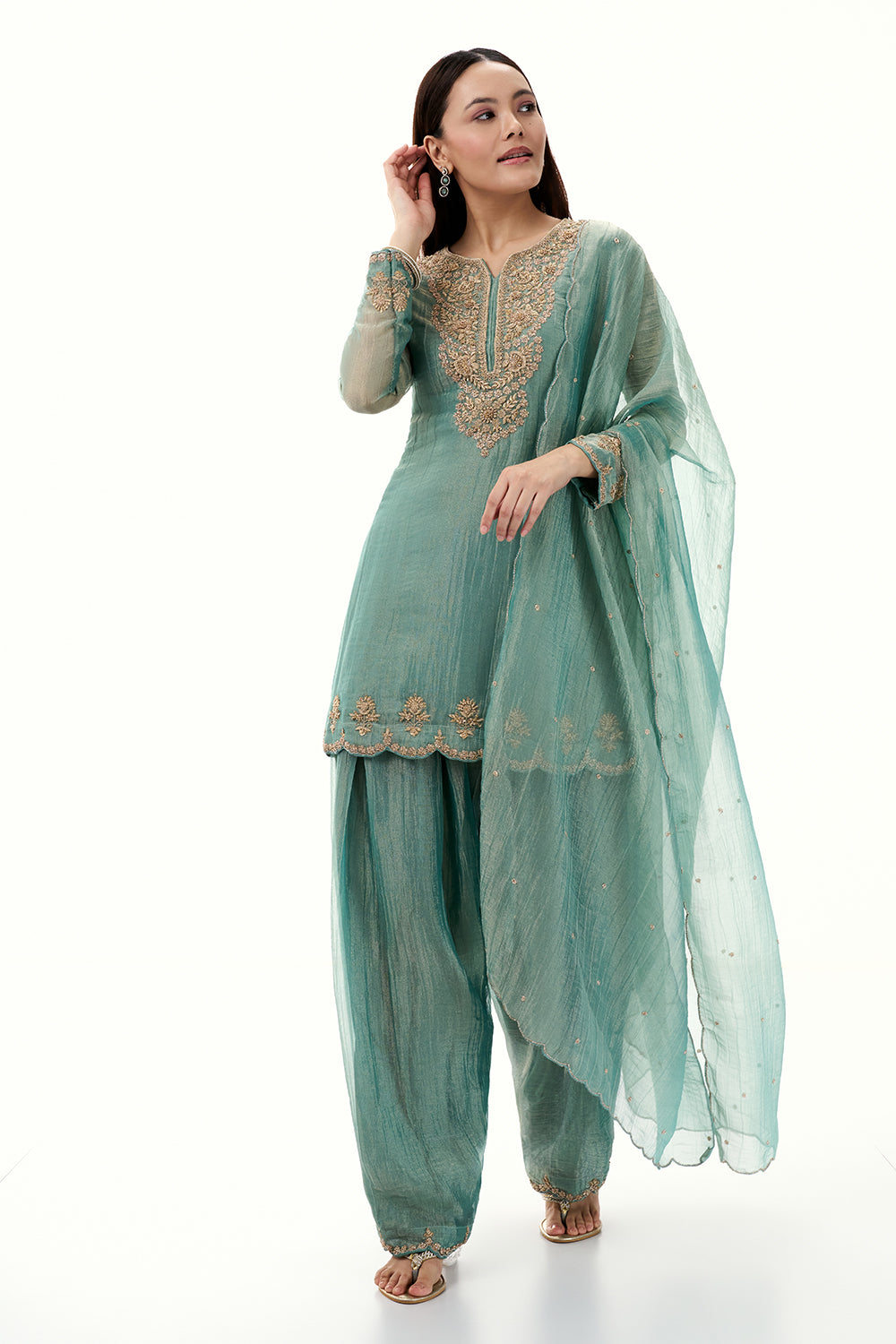 Sea Green Tissue Suit with Zardosi and Zari Work