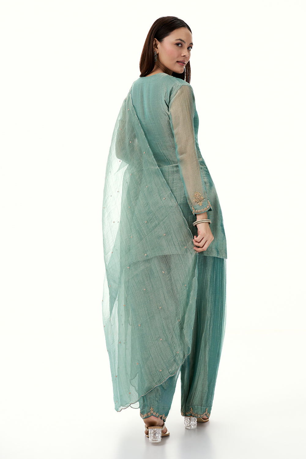Sea Green Tissue Suit with Zardosi and Zari Work