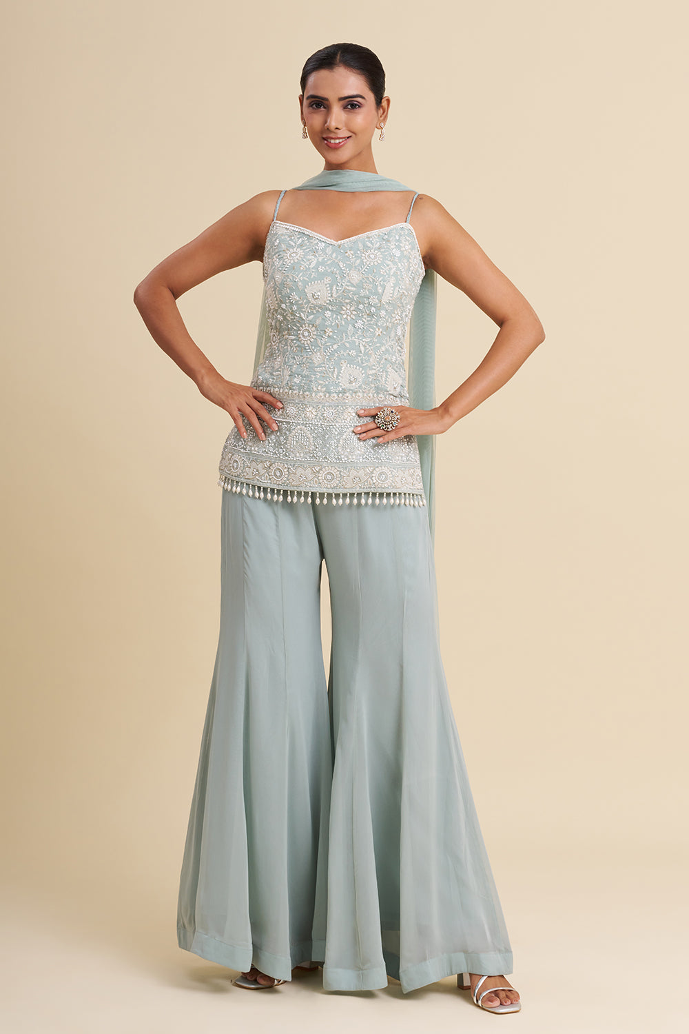 Ice Blue Viscose Georgette Sharara Set with Pearl Work