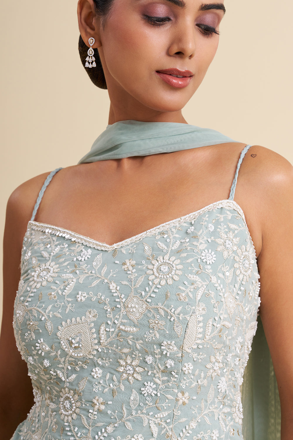 Ice Blue Viscose Georgette Sharara Set with Pearl Work