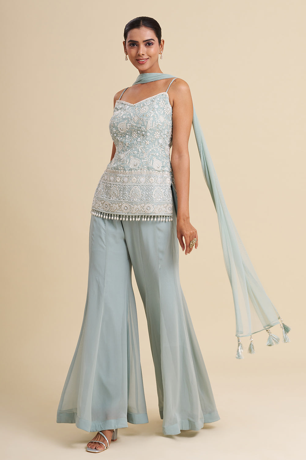 Ice Blue Viscose Georgette Sharara Set with Pearl Work