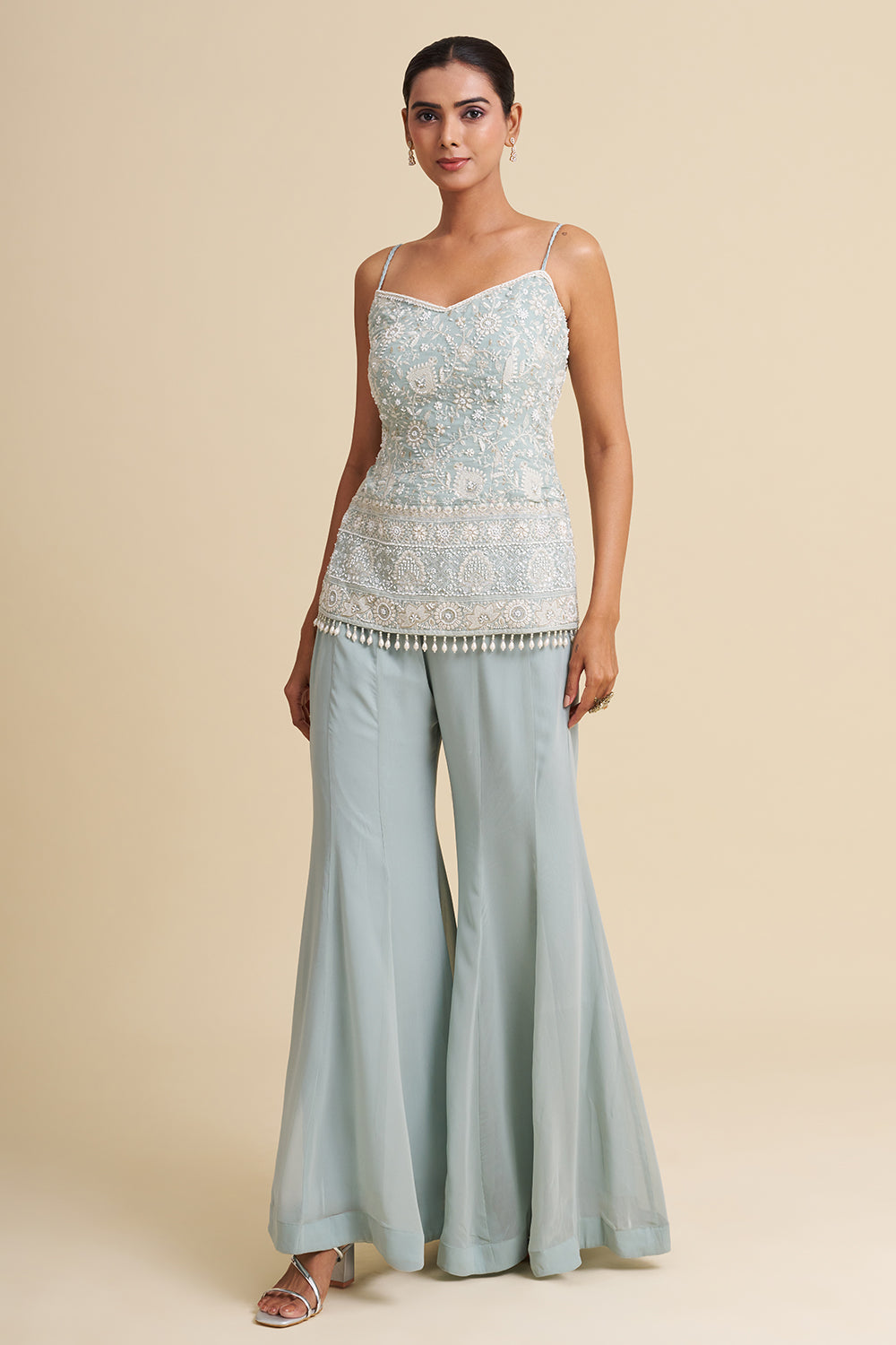 Ice Blue Viscose Georgette Sharara Set with Pearl Work