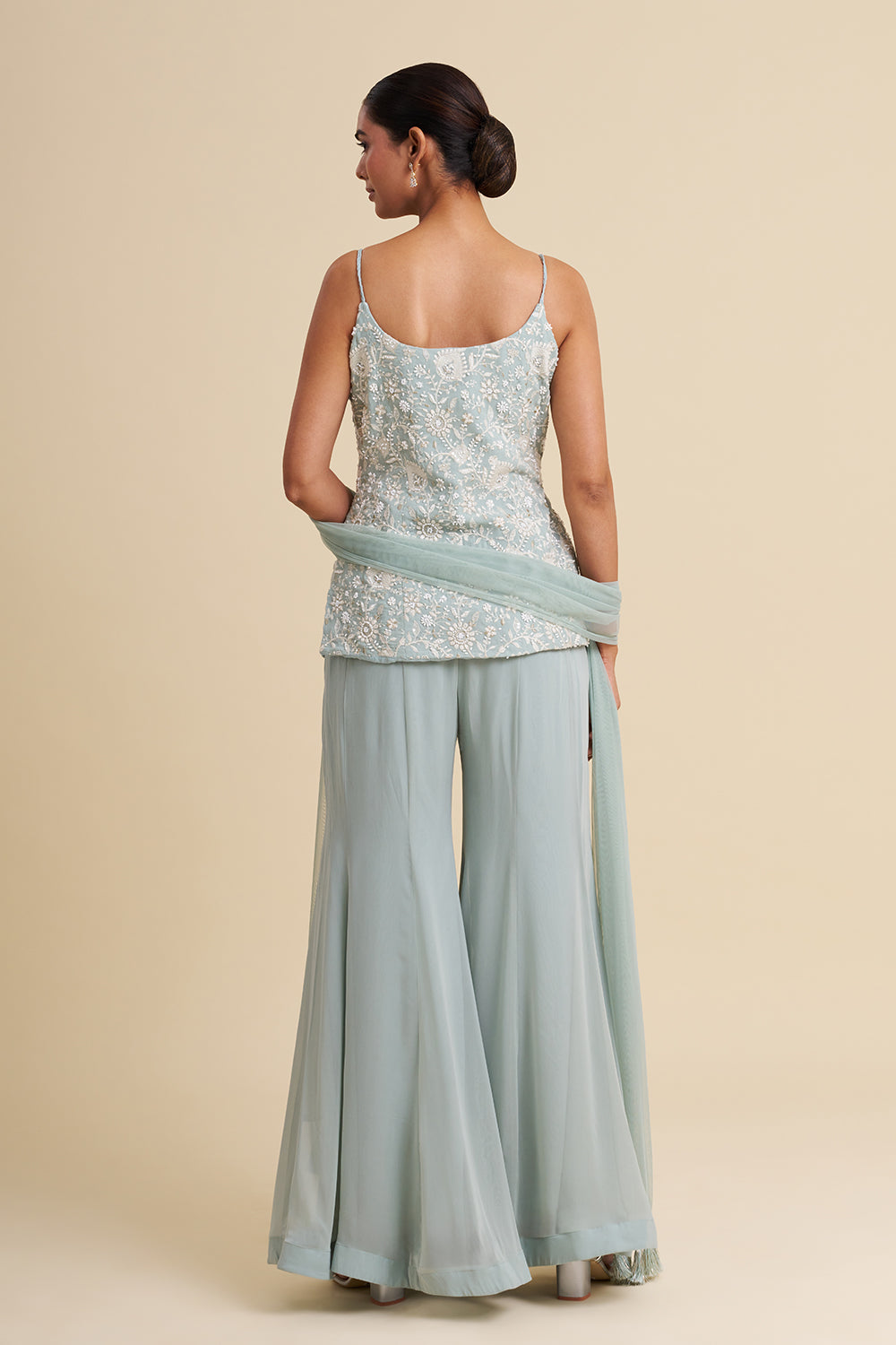 Ice Blue Viscose Georgette Sharara Set with Pearl Work