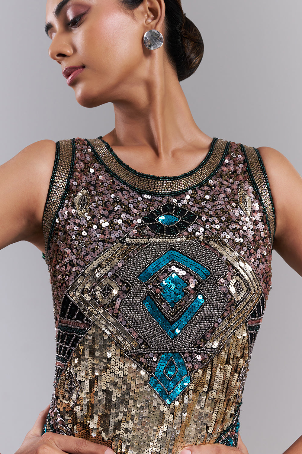 Multi Coloured Net Gown with Beads, Cut Dana and Sequins Work