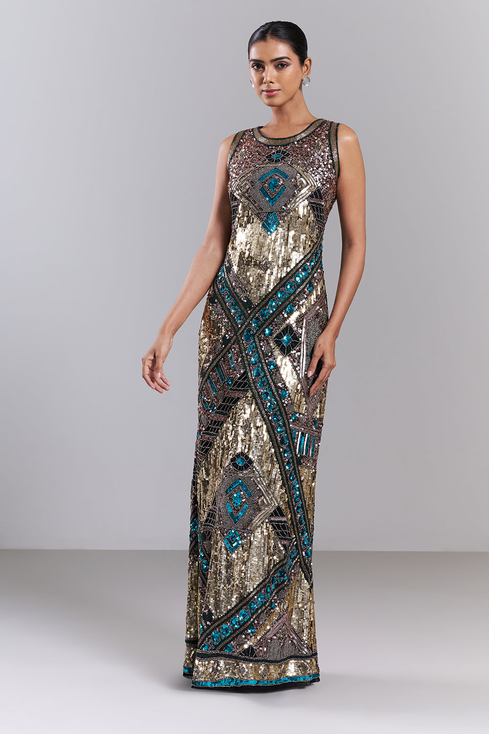 Multi Coloured Net Gown with Beads, Cut Dana and Sequins Work