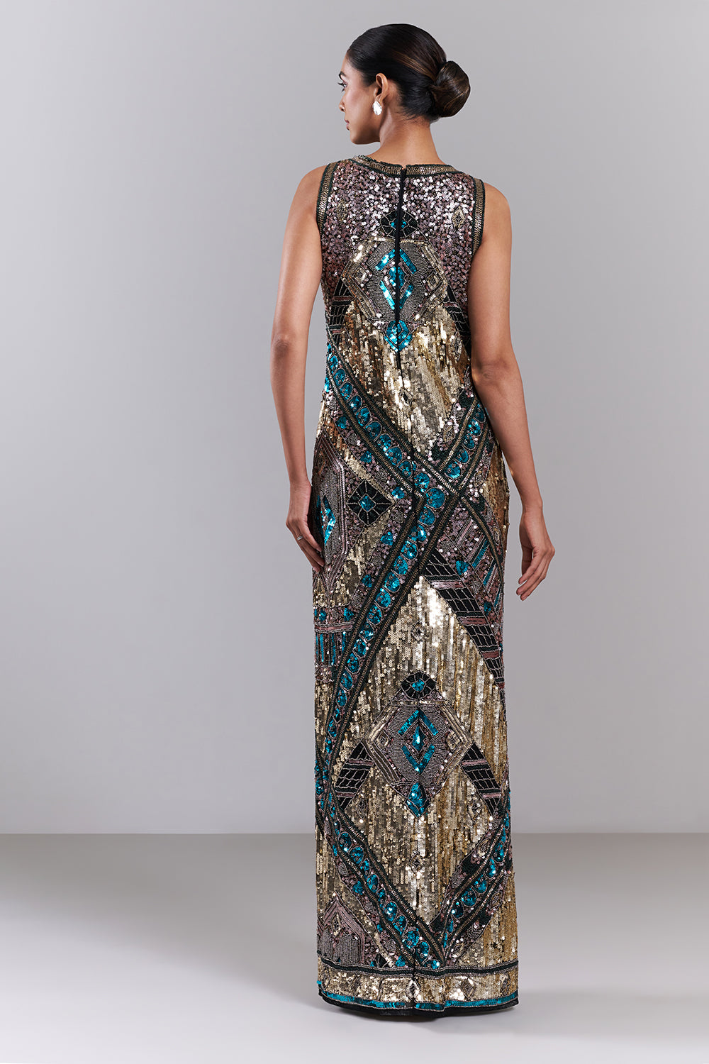 Multi Coloured Net Gown with Beads, Cut Dana and Sequins Work