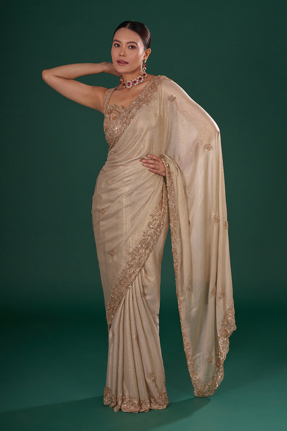 Gold Shimmer Crush Chiffon Saree with Sequins