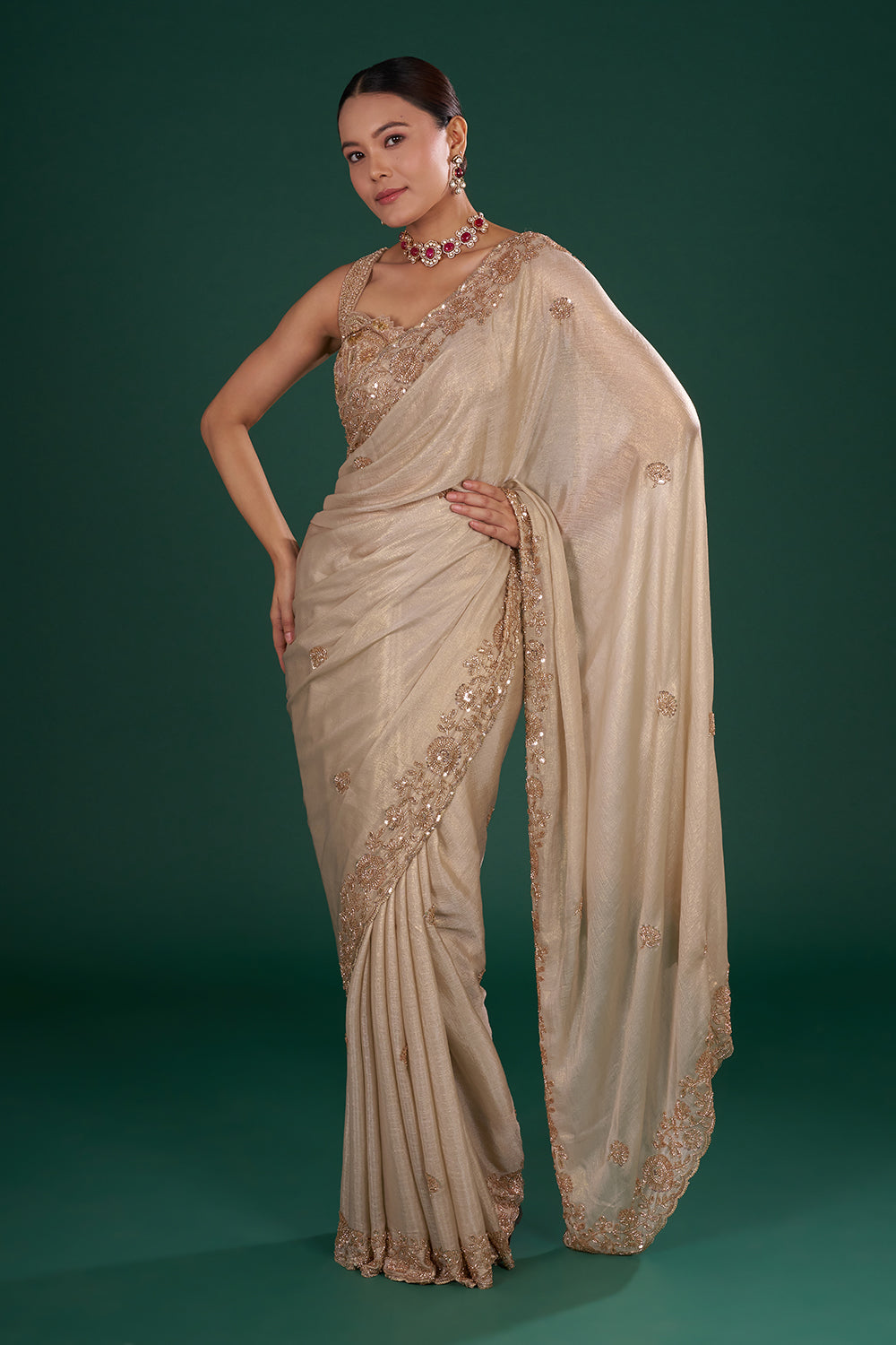 Gold Shimmer Crush Chiffon Saree with Sequins