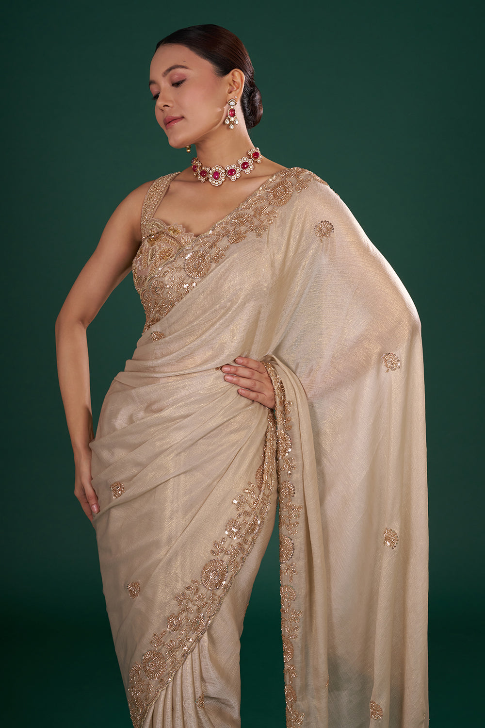 Gold Shimmer Crush Chiffon Saree with Sequins