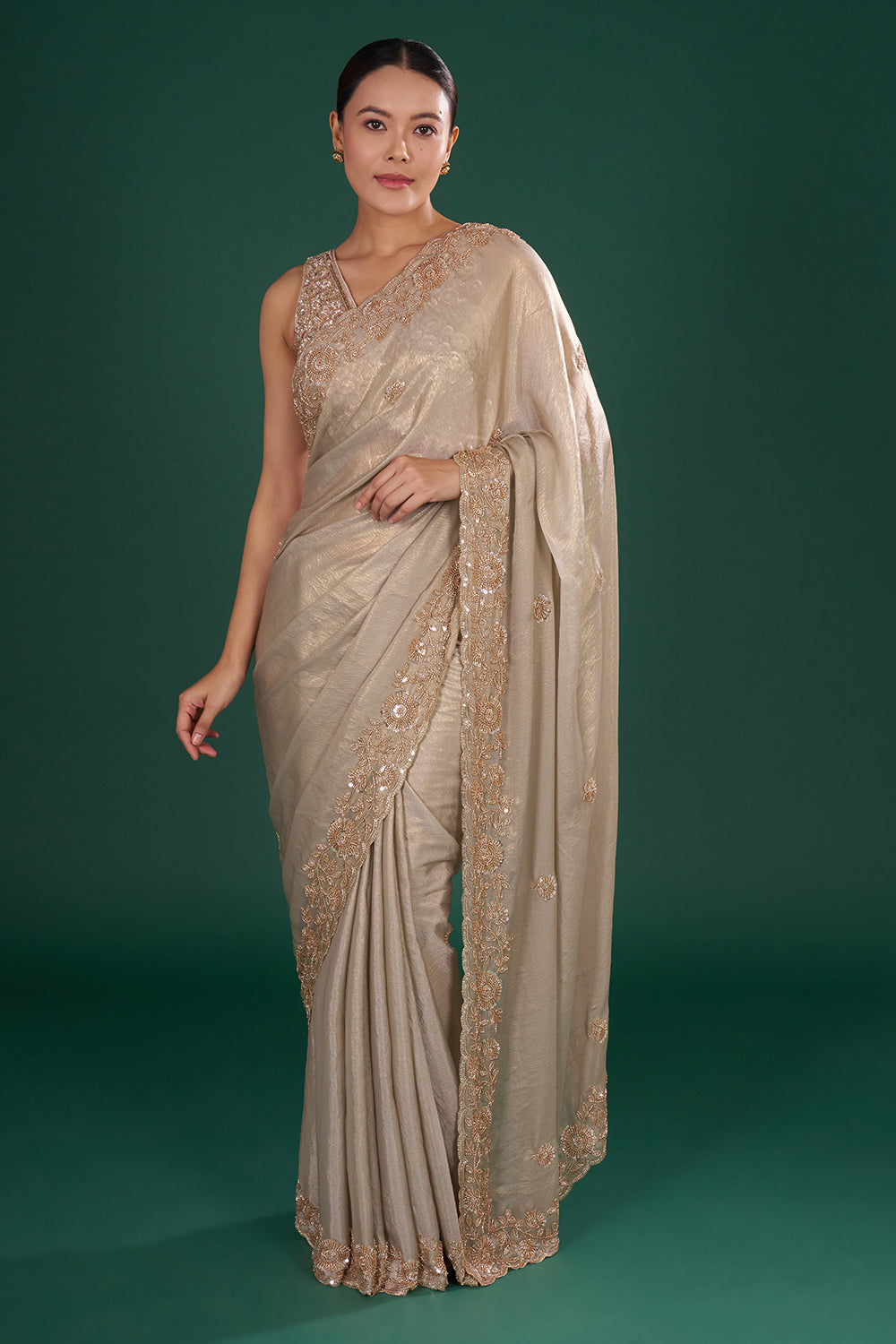 Grey Shimmer Crush Chiffon Saree with Cutdana Embroidery
