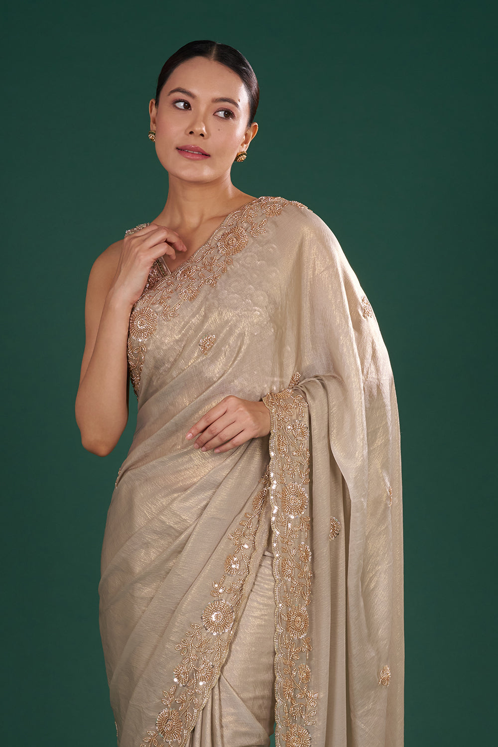 Grey Shimmer Crush Chiffon Saree with Cutdana Embroidery