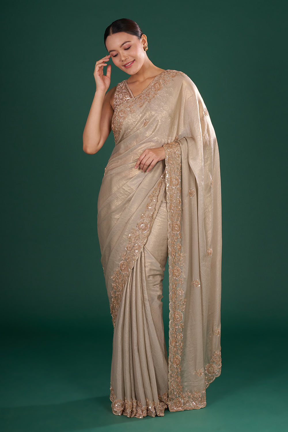 Grey Shimmer Crush Chiffon Saree with Cutdana Embroidery