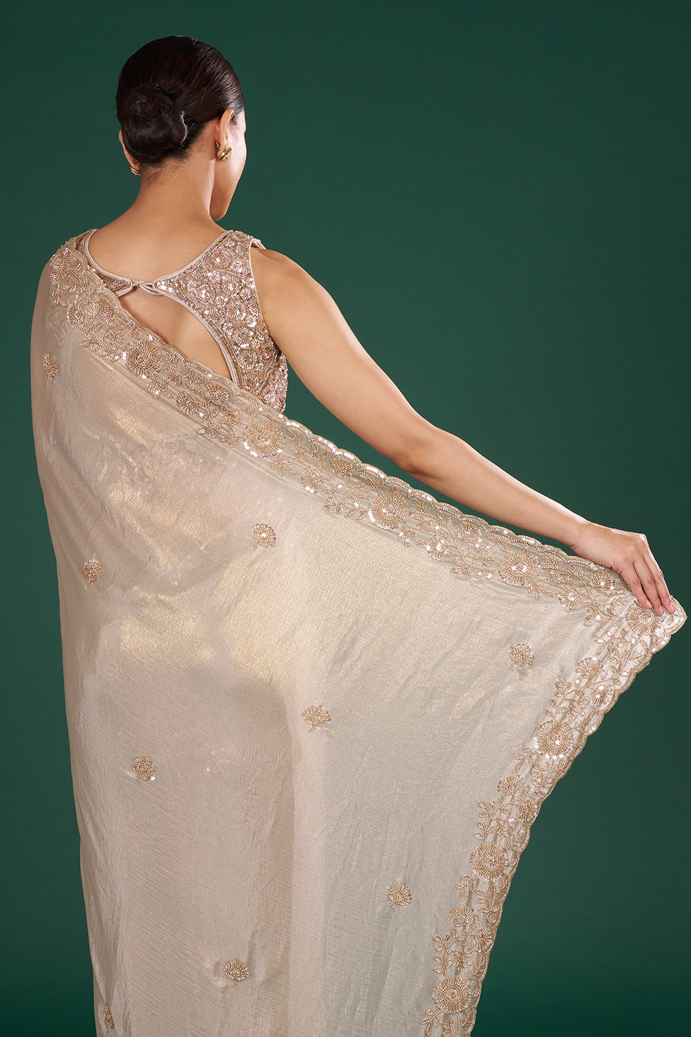 Grey Shimmer Crush Chiffon Saree with Cutdana Embroidery