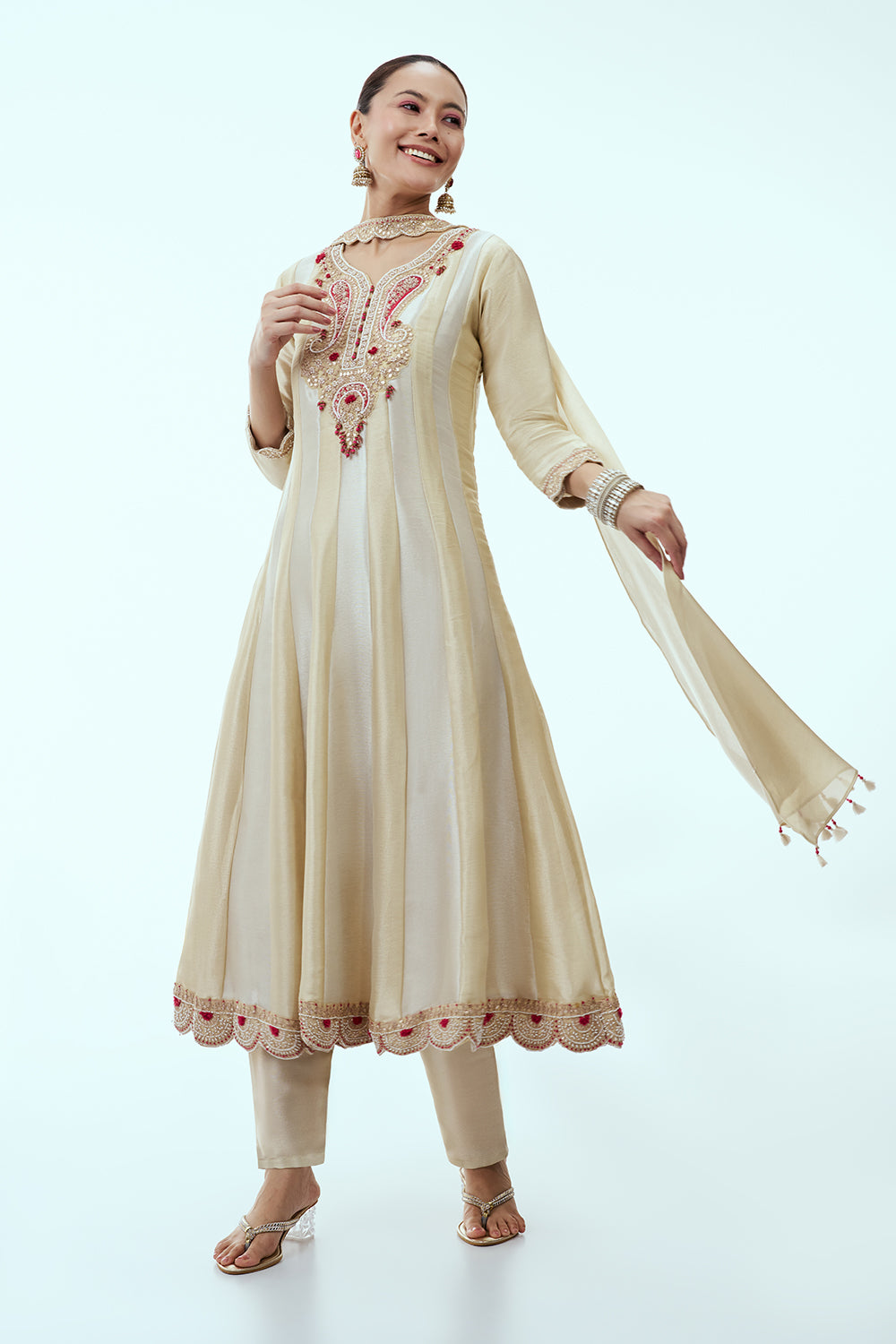 Silver and Gold Shimmer Silk Semi Anarkali with Zardosi Work Belt and Potli