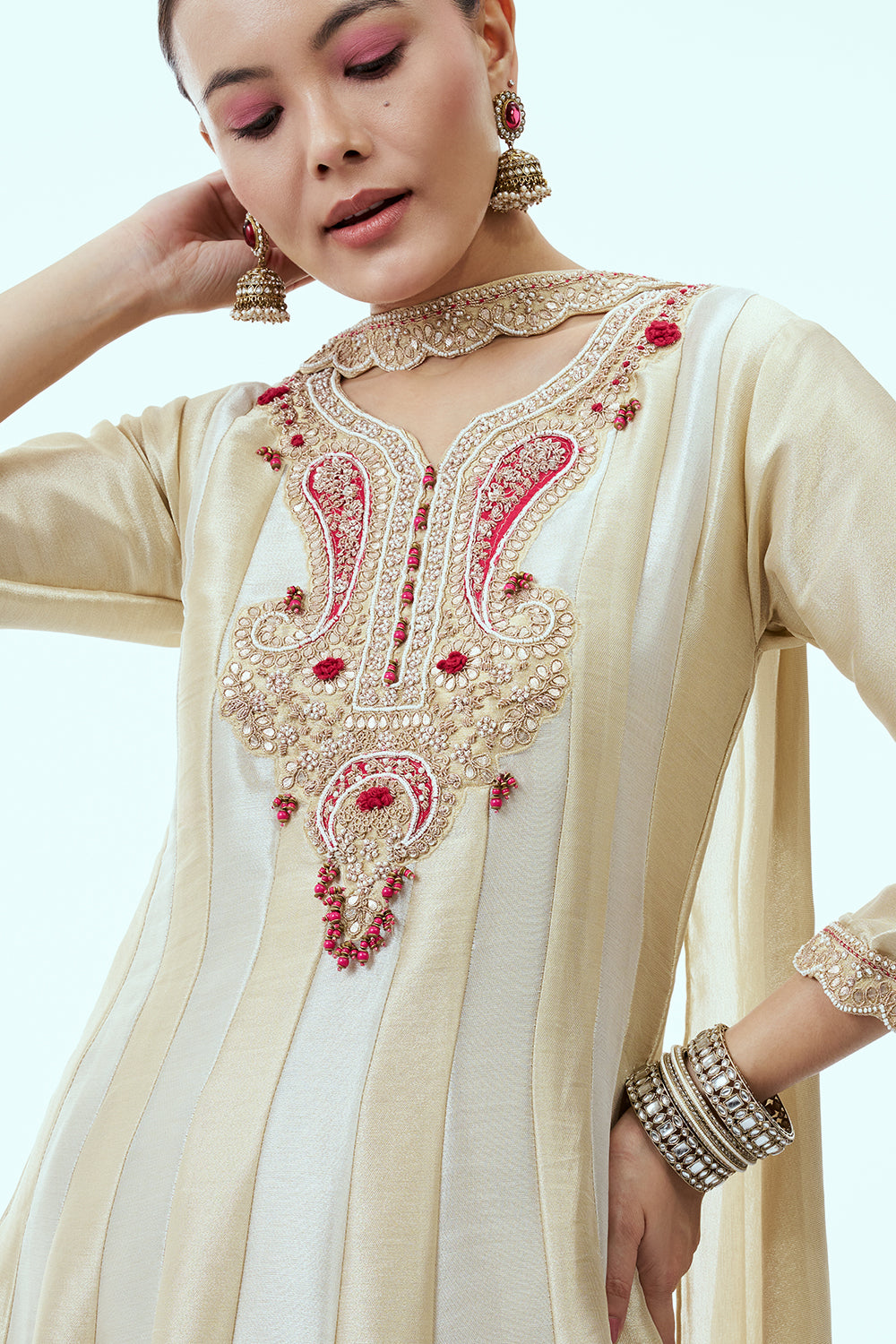 Silver and Gold Shimmer Silk Semi Anarkali with Zardosi Work Belt and Potli