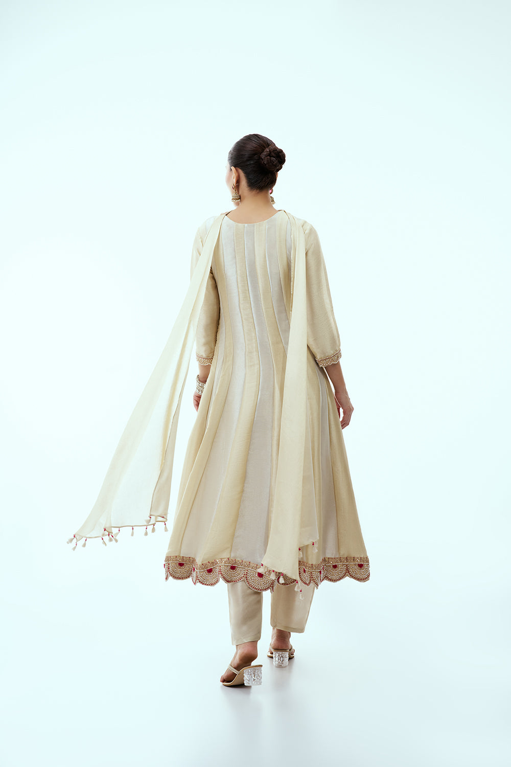 Silver and Gold Shimmer Silk Semi Anarkali with Zardosi Work Belt and Potli