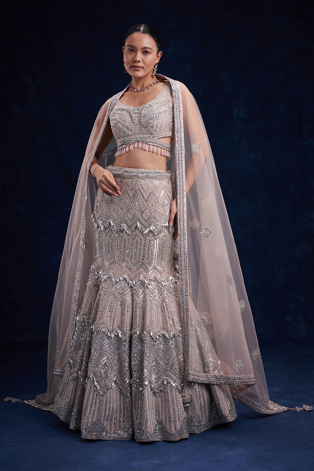 Silver and Pink Net Bridal Lehenga with Cutdana, Sequin and Foil Work