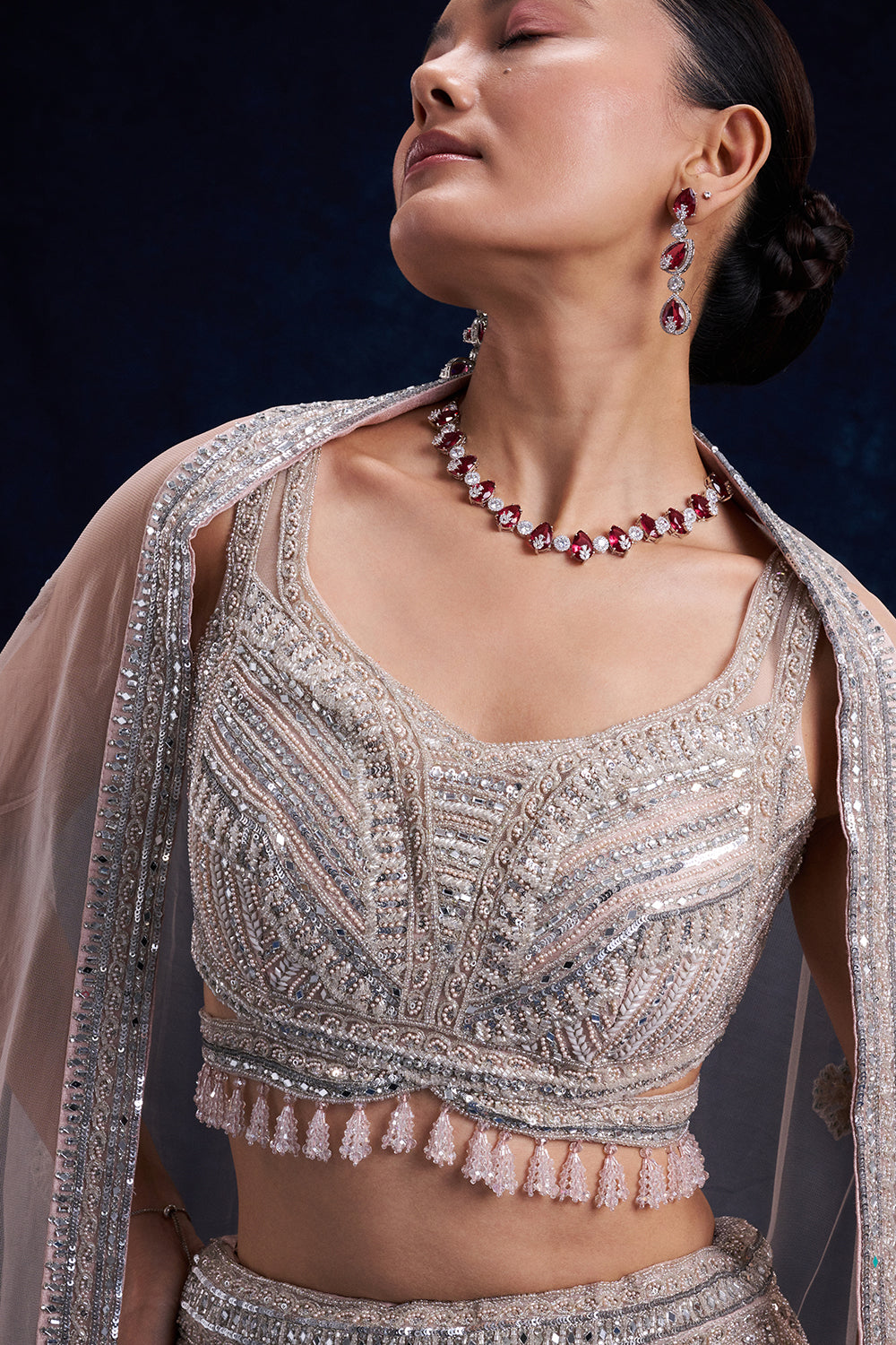 Silver and Pink Net Bridal Lehenga with Cutdana, Sequin and Foil Work