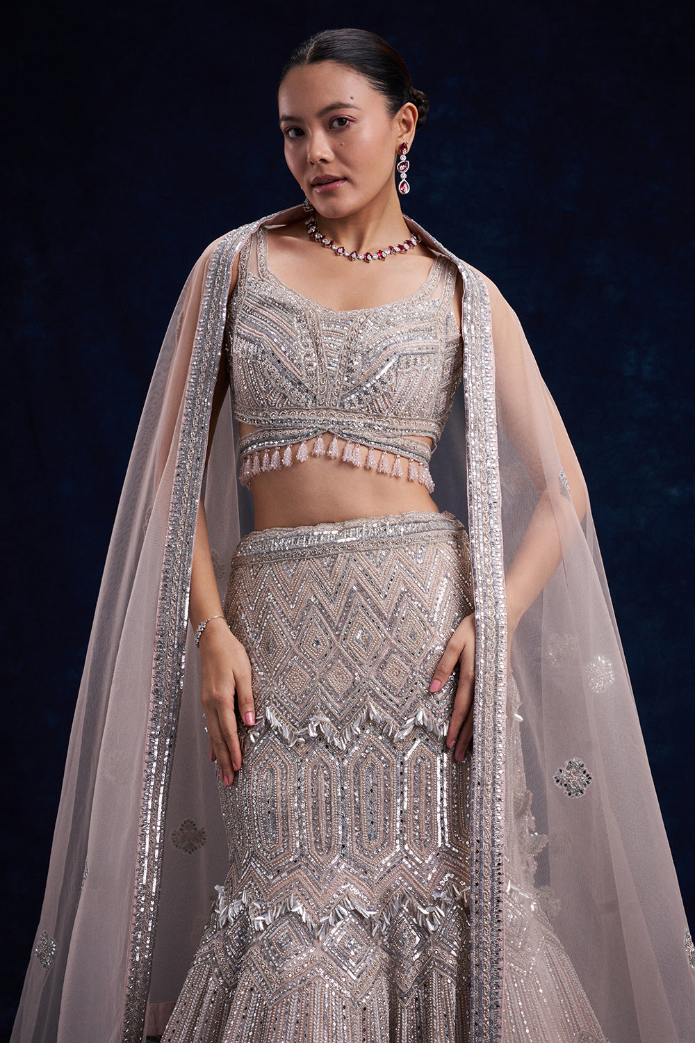 Silver and Pink Net Bridal Lehenga with Cutdana, Sequin and Foil Work