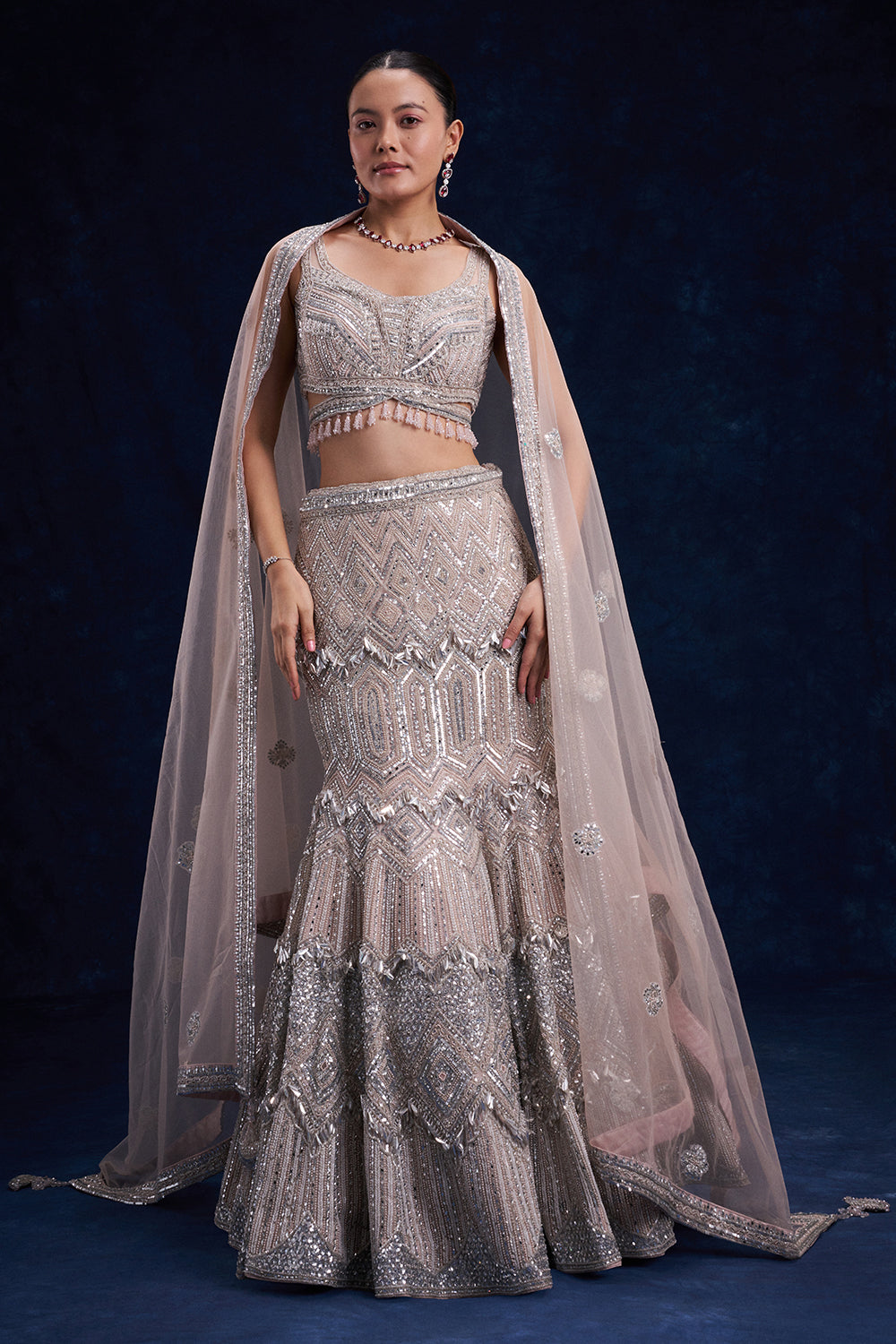 Silver and Pink Net Bridal Lehenga with Cutdana, Sequin and Foil Work