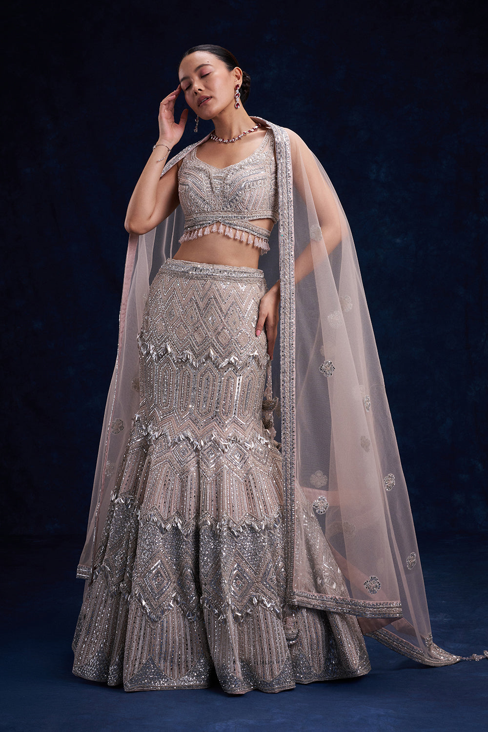 Silver and Pink Net Bridal Lehenga with Cutdana, Sequin and Foil Work