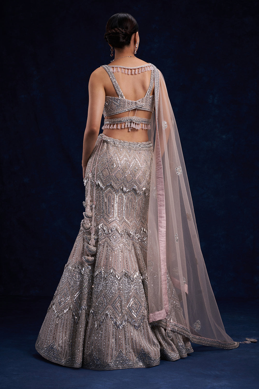 Silver and Pink Net Bridal Lehenga with Cutdana, Sequin and Foil Work