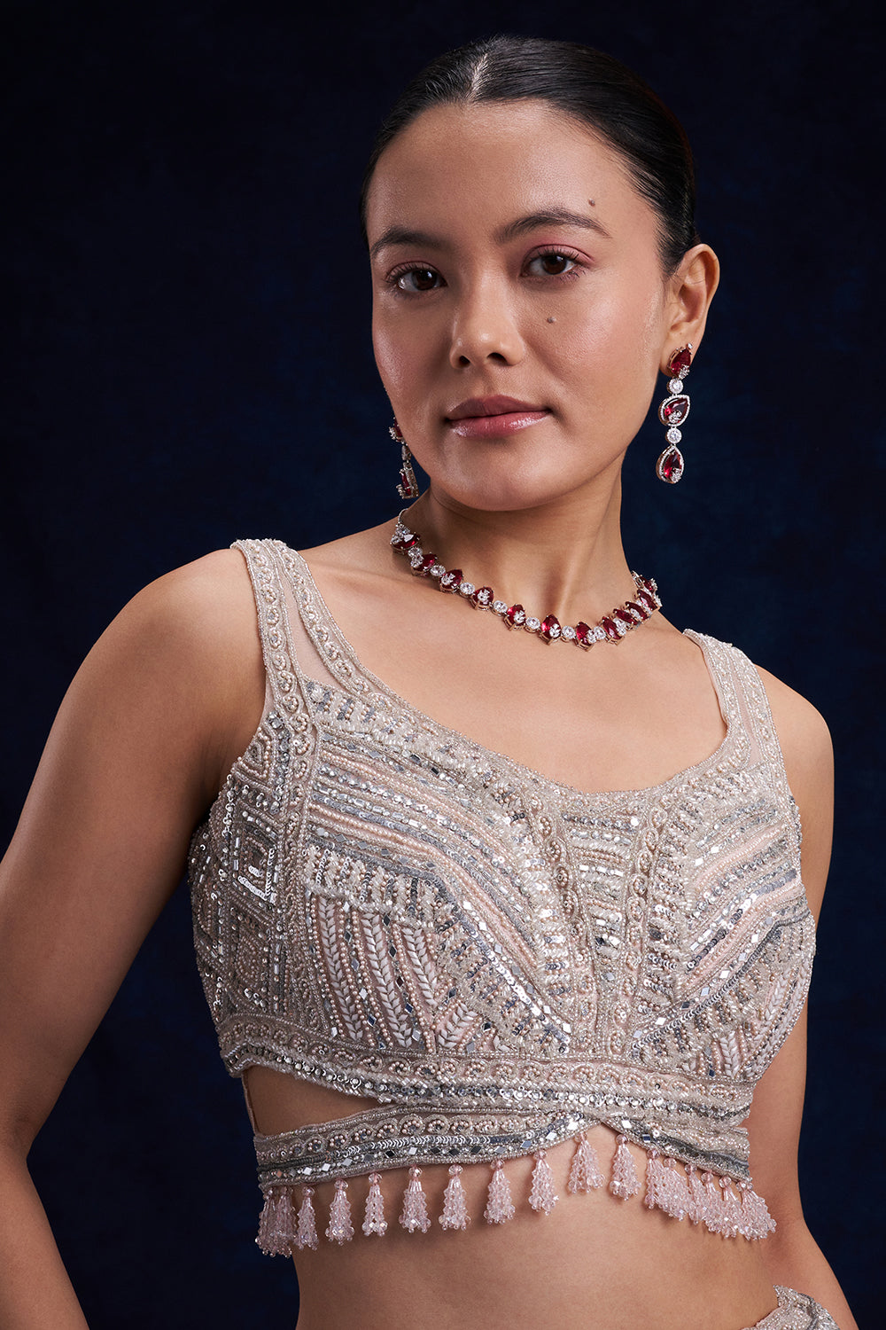 Silver and Pink Net Bridal Lehenga with Cutdana, Sequin and Foil Work