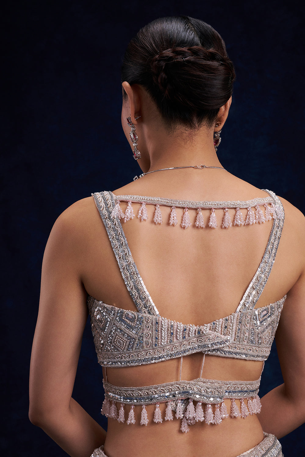 Silver and Pink Net Bridal Lehenga with Cutdana, Sequin and Foil Work
