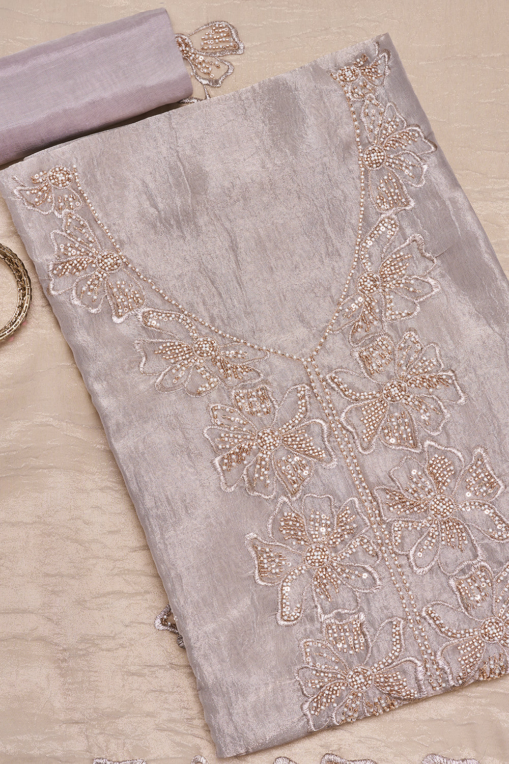 Silver Grey Floral Embroidered Unstitched Suit Set