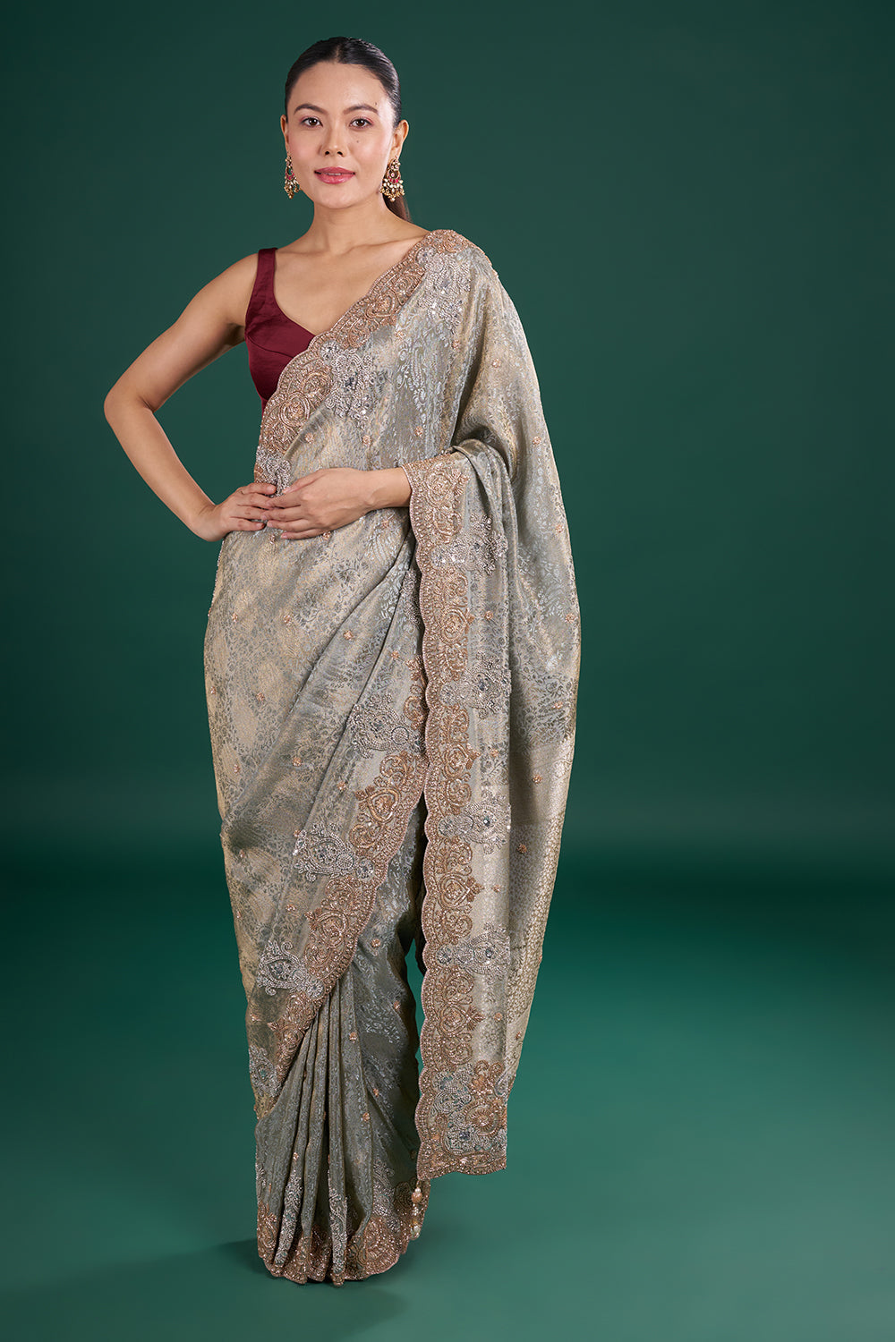Silver Grey Jacquard Saree with Cutdana Embroidery and Unstitched Blouse