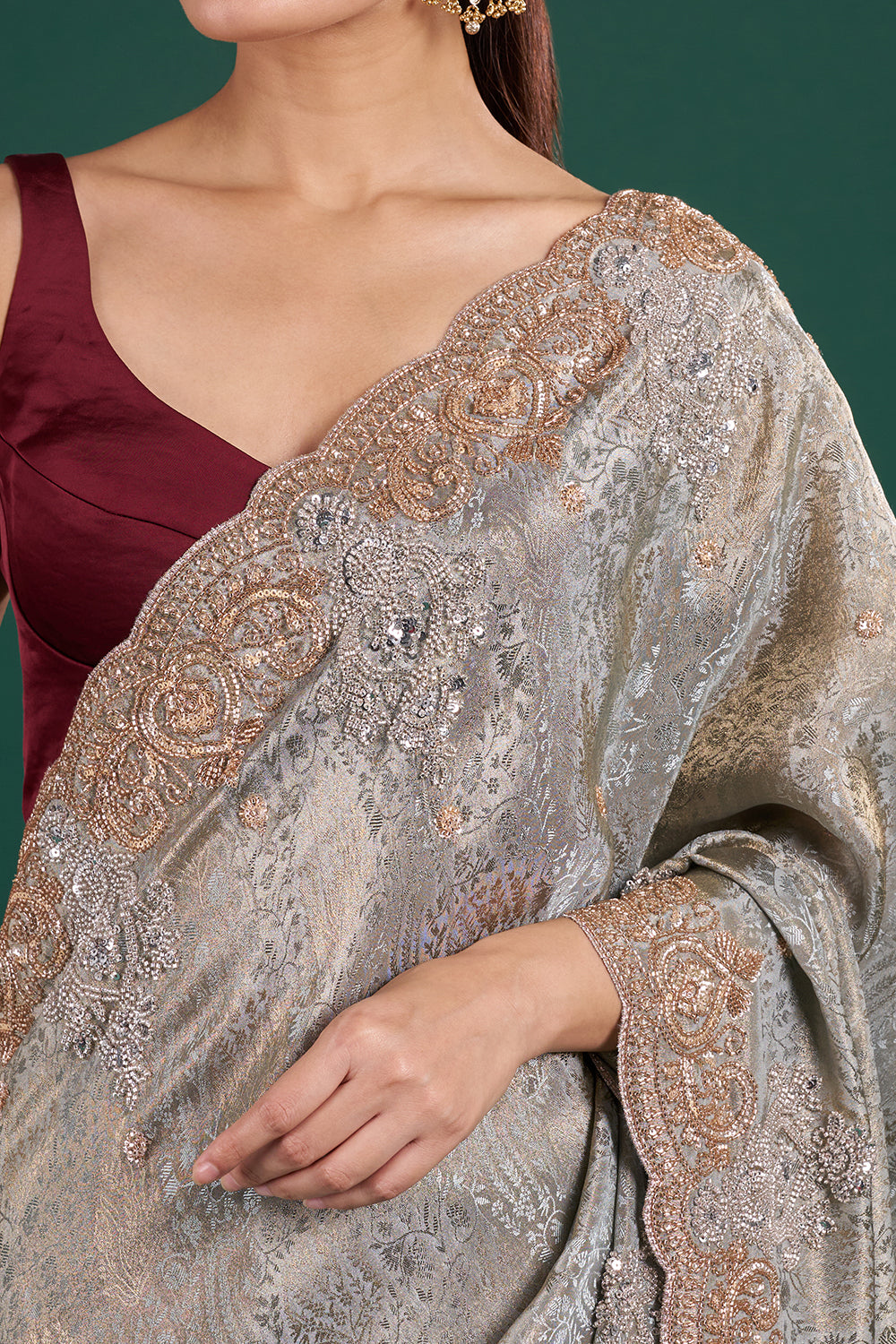 Silver Grey Jacquard Saree with Cutdana Embroidery and Unstitched Blouse